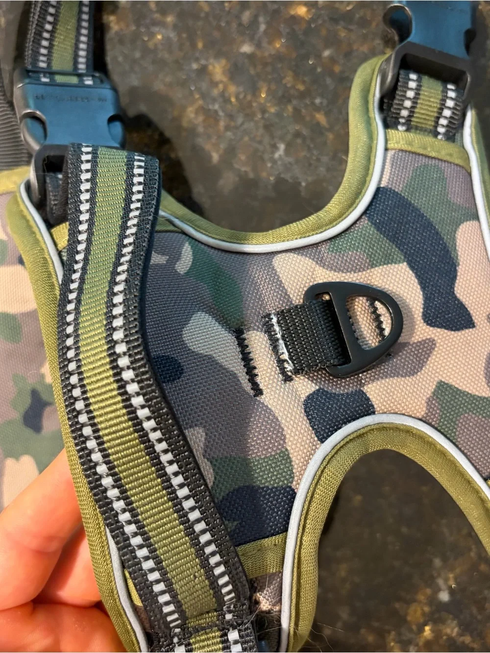Camo Padded Dog Harness - Olive Trim